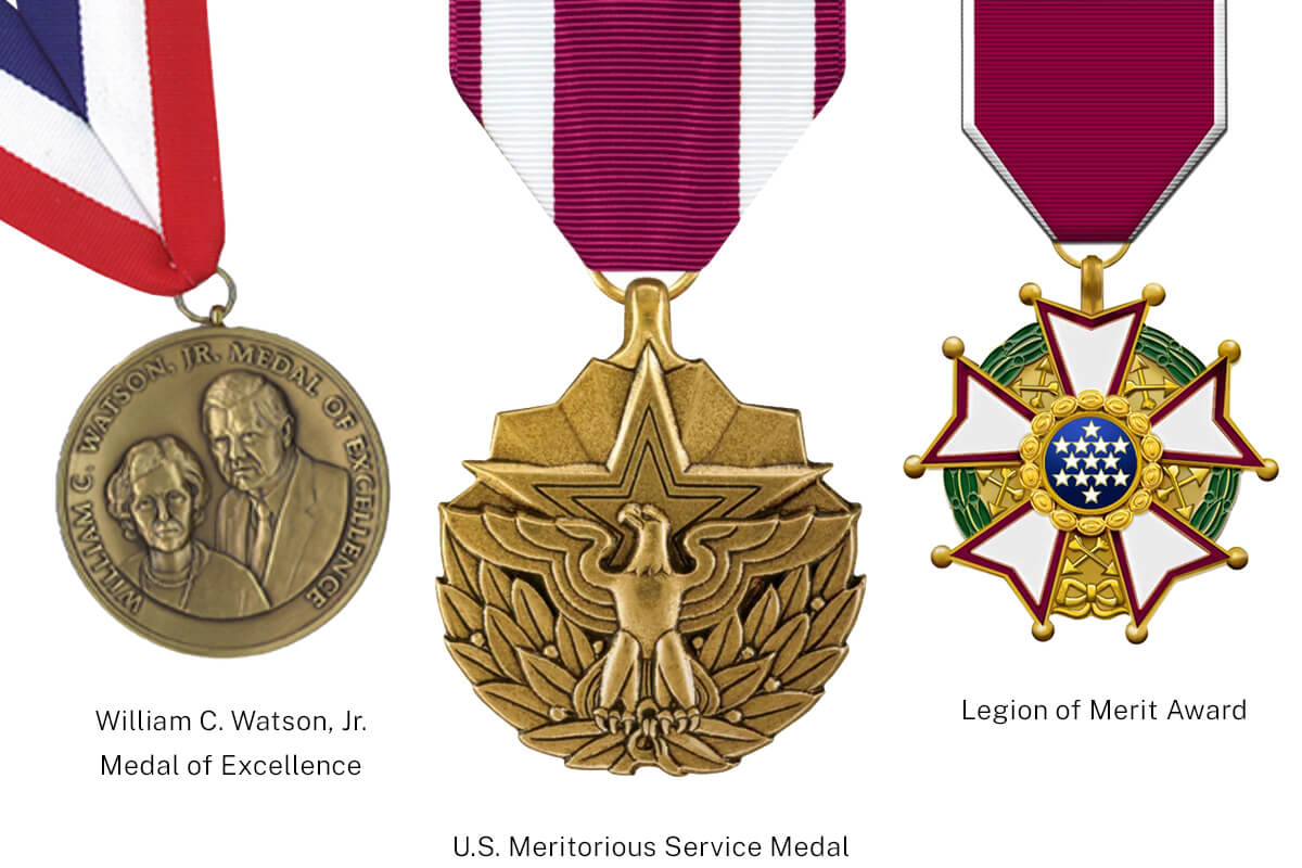 William C. Watson, Jr. medal, US Meritorious Service Medal, and Legion of Merit Award, all awarded to Dr. Birx for her groundbreaking research, leadership, and management skills during her tenure at the Department of Defence.